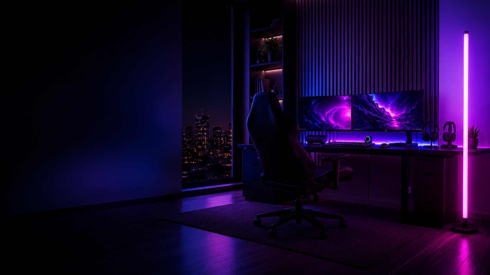 AuraSync RGB Tower in a neon-lit room setup